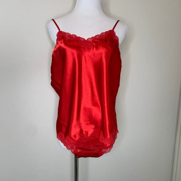Red Satin Sleep Set Delicates Lace Trimmed Sz Large Pajamas - Picture 1 of 9